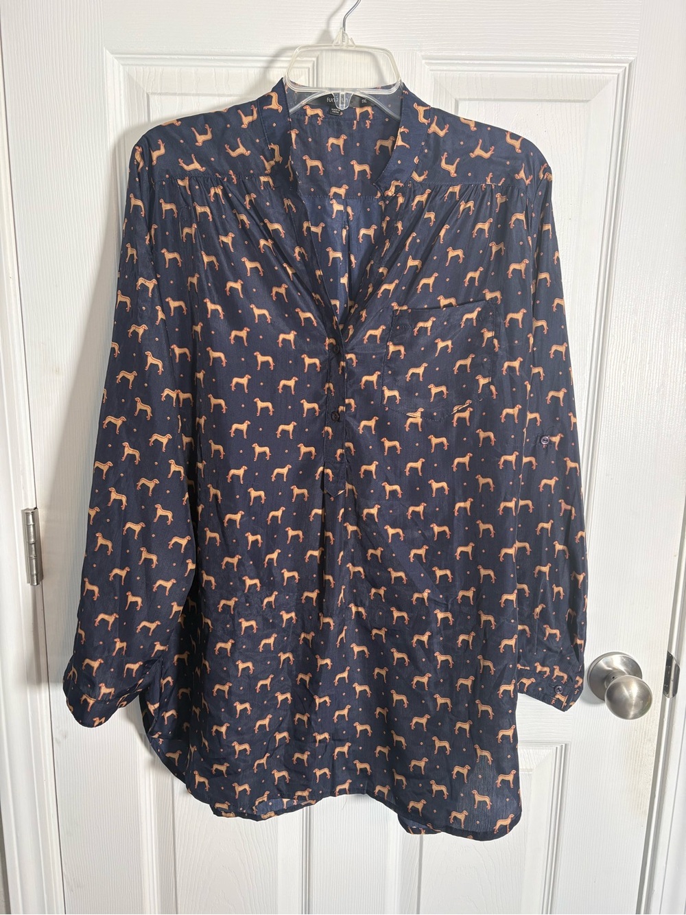 Fun2Fun Womens Navy Dog-Print Pullover Blouse with Roll Tab Sleeves Size 1XL
